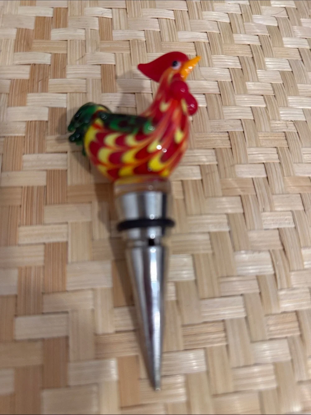 Hand Blown Art Glass Rooster Wine Bottle Stopper Colorful Murano Style Barware